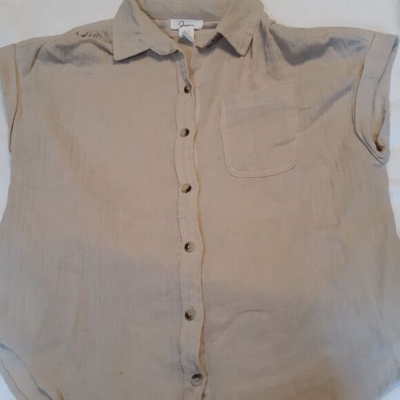 JAPNA Sz Small Rolled Cap Sleeve, Button Up, Gauzy Cotton Beige Soft - Picture 1 of 10